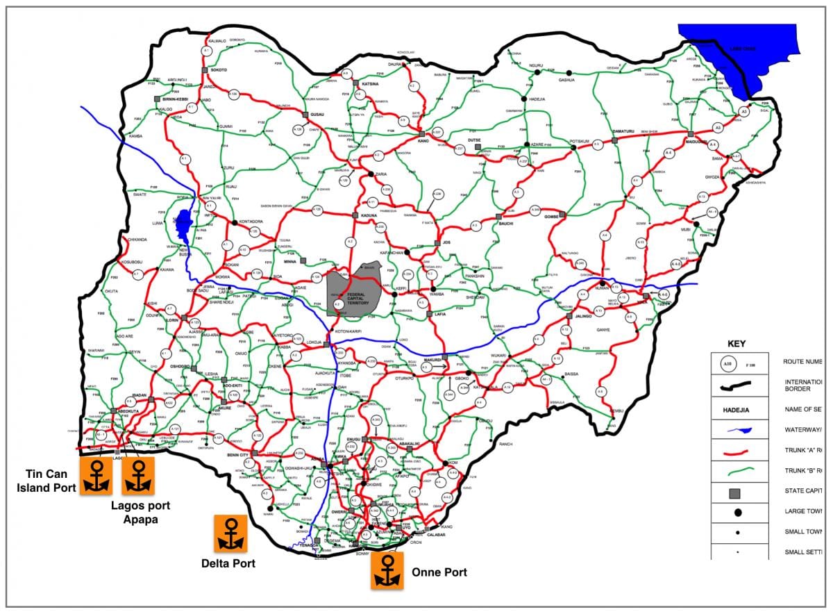 Mapa ng nigeria ng pagpapakita ng mga network ng kalsada