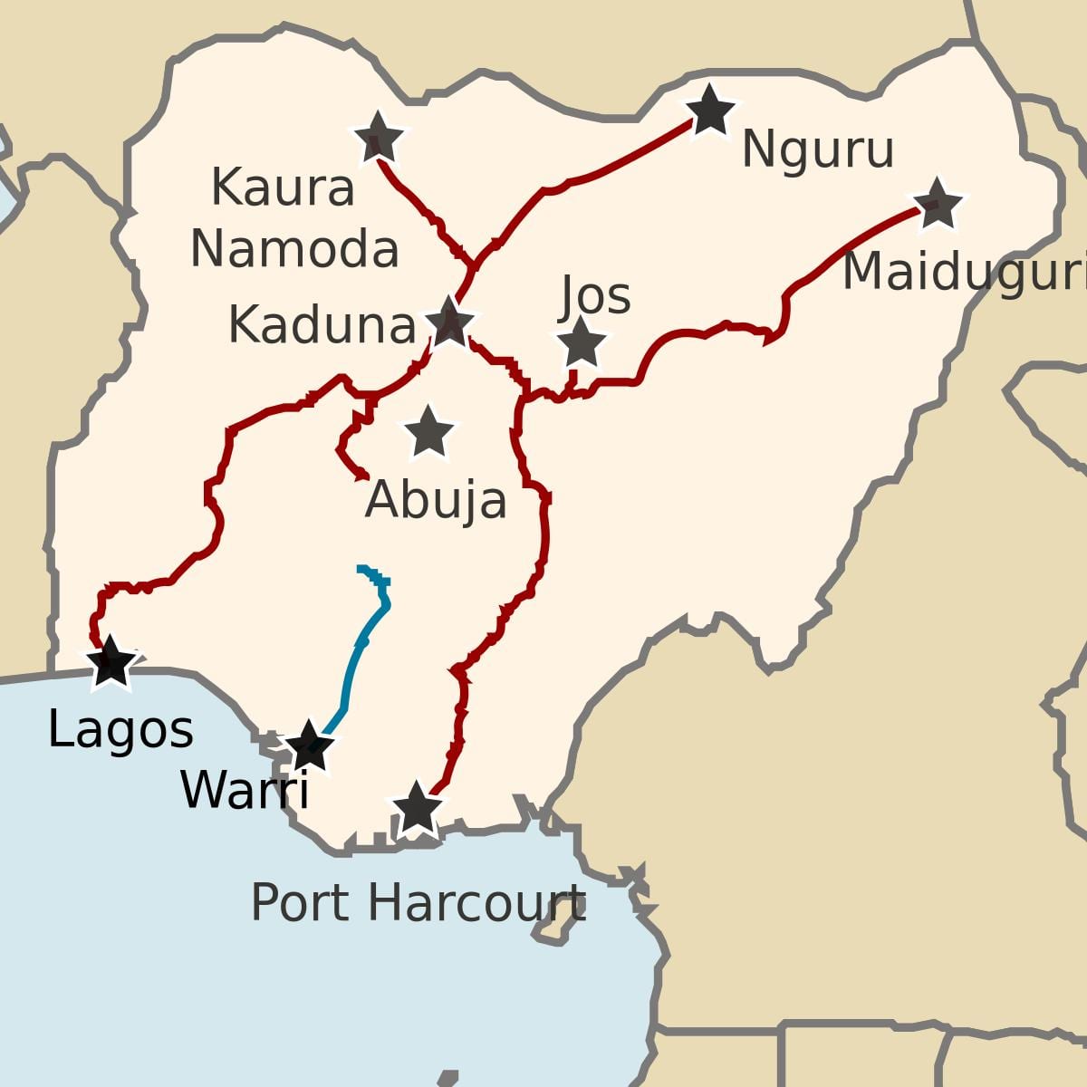 mapa ng nigeria ng pagpapakita ng mga linya ng tren