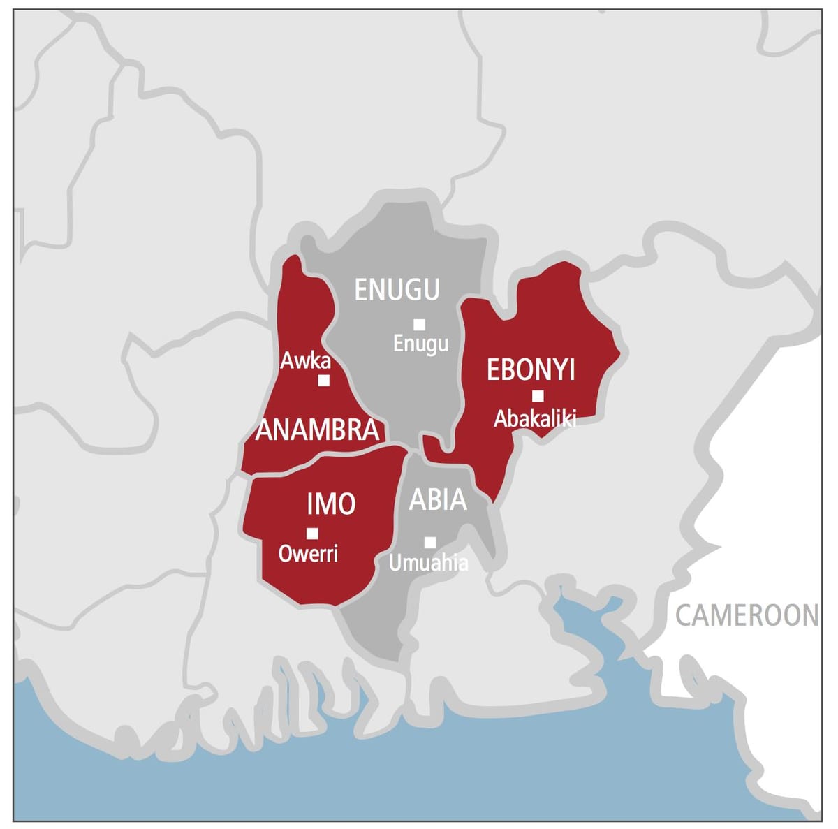 Mapa ng timog-silangang nigeria